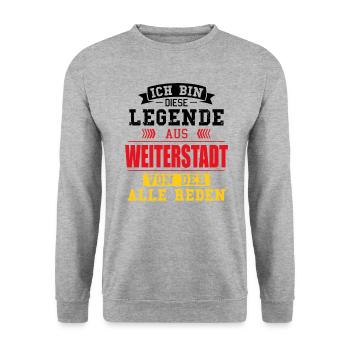 Stadt Weiterstadt Deutschland Legende Spruch - Unisex Pullover - Weißgrau meliert - Vorne - Alina (178cm) & Michal (187cm)