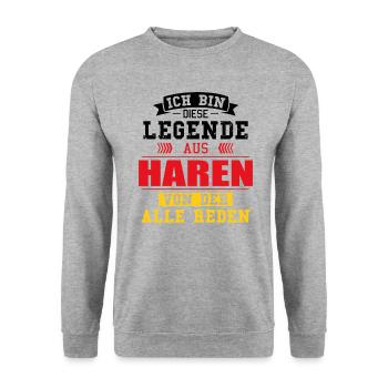 Stadt Haren Deutschland Legende Spruch - Unisex Pullover - Weißgrau meliert - Vorne - Alina (178cm) & Michal (187cm)