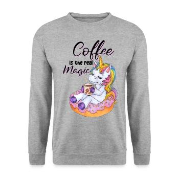 Niedliches Einhorn im Donut mit Kaffee Pause - Unisex Pullover - Weißgrau meliert - Vorne - Alina (178cm) & Michal (187cm)