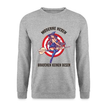Hexe fliegt Dartpfeil - Geschenk Frau spielt Dart - Unisex Pullover - Weißgrau meliert - Vorne - Alina (178cm) & Michal (187cm)