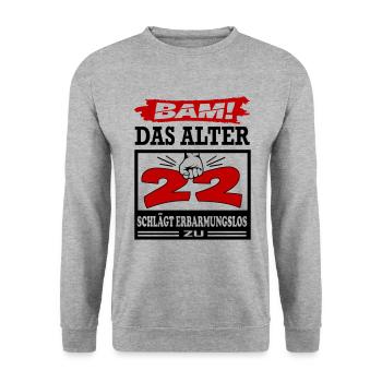 Geburtstag 22 Bam Boom Bombe Das Alter schlägt zu - Unisex Pullover - Weißgrau meliert - Vorne - Alina (178cm) & Michal (187cm)