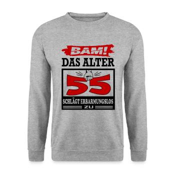 Geburtstag 55 Bam Boom Bombe Das Alter schlägt zu - Unisex Pullover - Weißgrau meliert - Vorne - Alina (178cm) & Michal (187cm)