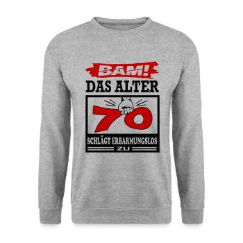 Geburtstag 70 Bam Boom Bombe Das Alter schlägt zu - Unisex Pullover - Weißgrau meliert - Vorne - Alina (178cm) & Michal (187cm)