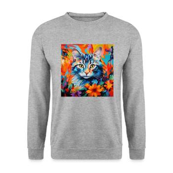 Katze, katzenmotiv, blumen, geschenk, geschenkidee - Unisex Pullover - Weißgrau meliert - Vorne - Alina (178cm) & Michal (187cm)