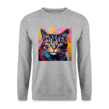 Katze, katzenmotiv, popart, geschenk, geschenkidee - Unisex Pullover - Weißgrau meliert - Vorne - Alina (178cm) & Michal (187cm)