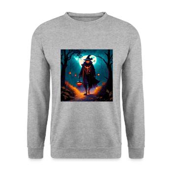 Kürbiskopfmann im düsteren Wald - Unisex Pullover - Weißgrau meliert - Vorne - Alina (178cm) & Michal (187cm)