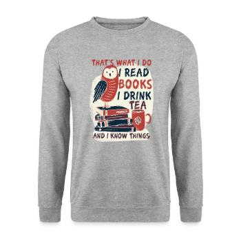 Das ist was ich tue Ich lese Bücher Ich trinke Tee - Unisex Pullover - Weißgrau meliert - Vorne - Alina (178cm) & Michal (187cm)