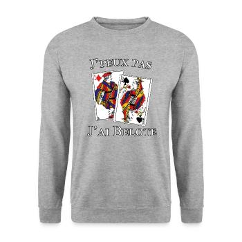 J'peux pas j'ai Belote - Sweat-shirt Unisexe - gris chiné - Devant - Alina (178cm) & Michal (187cm)