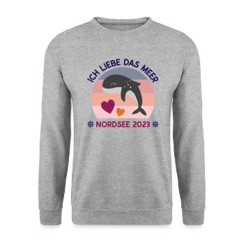Nordsee Urlaub 2023 Ich liebe das Meer Wale - Unisex Pullover - Weißgrau meliert - Vorne - Alina (178cm) & Michal (187cm)