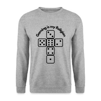 lustiges Design Gaming is my Religion - Unisex Pullover - Weißgrau meliert - Vorne - Alina (178cm) & Michal (187cm)