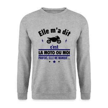 Elle m'a dit c'est la moto ou moi.Motard - Sweat-shirt Unisexe - gris chiné - Devant - Alina (178cm) & Michal (187cm)