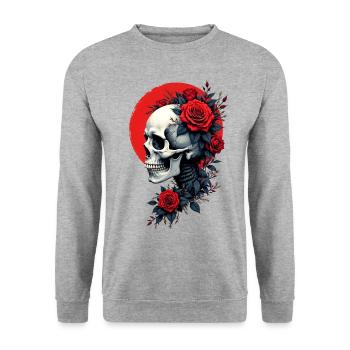 Totenkopf & rote Rosen, Gothic, Schädel, Fels - Unisex Pullover - Weißgrau meliert - Vorne - Alina (178cm) & Michal (187cm)