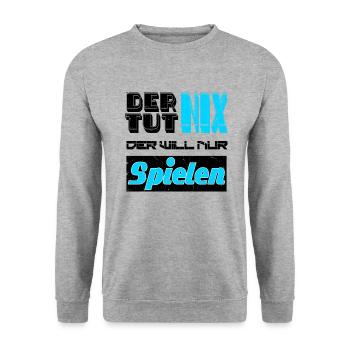 Der tut nix der will nur spielen Gamer Spruch - Unisex Pullover - Weißgrau meliert - Vorne - Alina (178cm) & Michal (187cm)