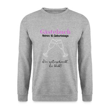 18. Geburtstag Mädchen Unterschrift Gästebuch - Unisex Pullover - Weißgrau meliert - Vorne - Alina (178cm) & Michal (187cm)