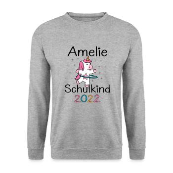 Einschulung 2022 Amelie Einhorn Erstklässler 2022 - Unisex Pullover - Weißgrau meliert - Vorne - Alina (178cm) & Michal (187cm)