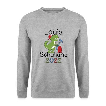 Louis 2022 T-Rex Einschulung Erstklässler 2022 - Unisex Pullover - Weißgrau meliert - Vorne - Alina (178cm) & Michal (187cm)