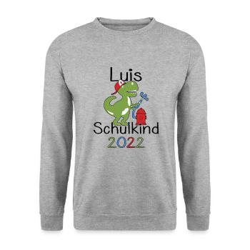 Luis 2022 T-Rex Einschulung Erstklässler 2022 - Unisex Pullover - Weißgrau meliert - Vorne - Alina (178cm) & Michal (187cm)