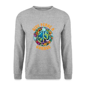 Hippie Peace Zeichen Frieden Blumen Blumenkind - Unisex Pullover - Weißgrau meliert - Vorne - Alina (178cm) & Michal (187cm)