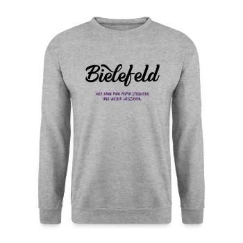 Lustiges Stadt Bielefeld Shirt - Satirischer Fakt - Unisex Pullover - Weißgrau meliert - Vorne - Alina (178cm) & Michal (187cm)