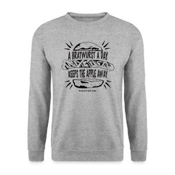 A Bratwurst a day keeps the apple away - Unisex Pullover - Weißgrau meliert - Vorne - Alina (178cm) & Michal (187cm)