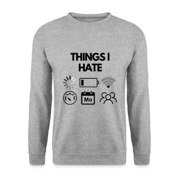 lustiges Design Dinge die ich hasse - Unisex Pullover - Weißgrau meliert - Vorne - Alina (178cm) & Michal (187cm)