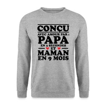 Conçu avec amour par papa et maman en 9 mois - Sweat-shirt Unisexe - gris chiné - Devant - Alina (178cm) & Michal (187cm)