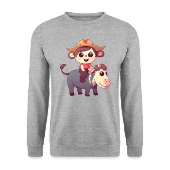 Mädchen, Affe und Kuh, Charmantes Kinderdesign - Unisex Pullover - Weißgrau meliert - Vorne - Alina (178cm) & Michal (187cm)