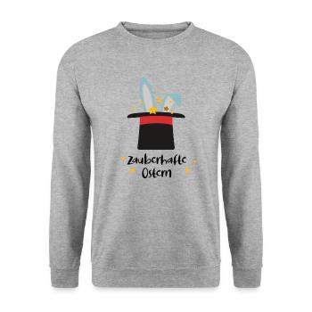 Ostergruß Zauberhafte Ostern Frohe Oster Hasenohr - Unisex Pullover - Weißgrau meliert - Vorne - Alina (178cm) & Michal (187cm)