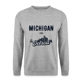 Detroit Michigan Heimat Geschenk - Unisex Pullover - Weißgrau meliert - Vorne - Alina (178cm) & Michal (187cm)