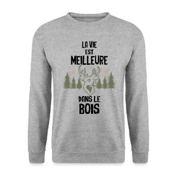 Chasse la vie est meilleure dans le bois - Sweat-shirt Unisexe - gris chiné - Devant - Alina (178cm) & Michal (187cm)