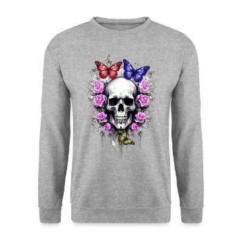 Totenkopf mit Rosen und Schmetterlingen farbig - Unisex Pullover - Weißgrau meliert - Vorne - Alina (178cm) & Michal (187cm)