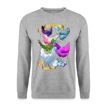 Alex' Hühner in funky Farben - Unisex Pullover - Weißgrau meliert - Vorne - Alina (178cm) & Michal (187cm)