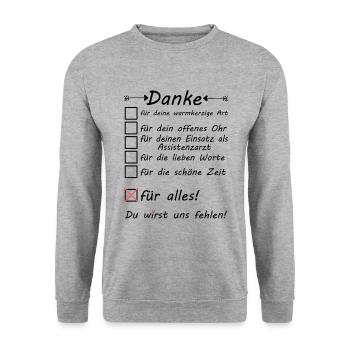 Assistenzarzt Danke Dankeschön sagen - Unisex Pullover - Weißgrau meliert - Vorne - Alina (178cm) & Michal (187cm)