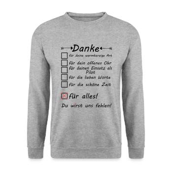 Pilot Abschiedsgeschenk zum Abschied Danke - Unisex Pullover - Weißgrau meliert - Vorne - Alina (178cm) & Michal (187cm)