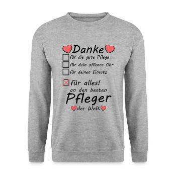 Danke sagen an bester Pfleger Abschiedsgeschenk - Unisex Pullover - Weißgrau meliert - Vorne - Alina (178cm) & Michal (187cm)
