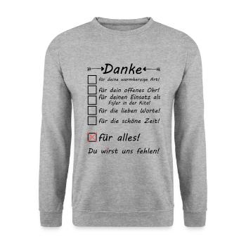 FSJ Abschiedsgeschenk im Kindergarten Kita Danke - Unisex Pullover - Weißgrau meliert - Vorne - Alina (178cm) & Michal (187cm)