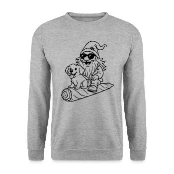 Cooler Zwerg auf fliegendem Joint mit Hund - Unisex Pullover - Weißgrau meliert - Vorne - Alina (178cm) & Michal (187cm)