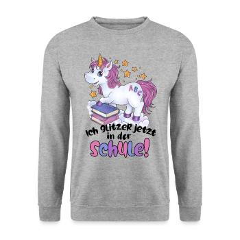 Niedliches Einhorn Zuckertüte Geschenk Einschulung - Unisex Pullover - Weißgrau meliert - Vorne - Alina (178cm) & Michal (187cm)