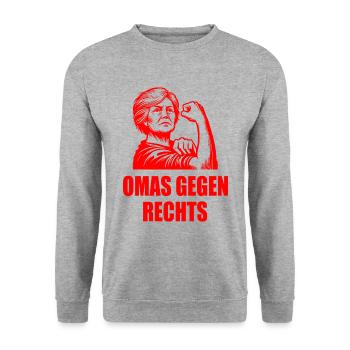 Omas gegen rechts - Unisex Pullover - Weißgrau meliert - Vorne - Alina (178cm) & Michal (187cm)