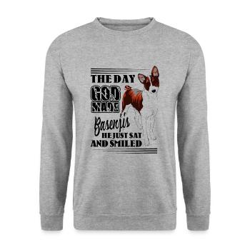 Der Tag, an dem Gott Basenjis machte, saß er nur und lächelte - Unisex Pullover - Weißgrau meliert - Vorne - Alina (178cm) & Michal (187cm)