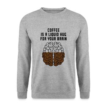 Kaffee eine flüssige Umarmung Lustiges Kaffeezitat - Unisex Pullover - Weißgrau meliert - Vorne - Alina (178cm) & Michal (187cm)