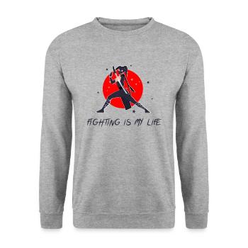 Fighter in battle pose with sword - Unisex Sweatshirt - salt & pepper - Front - Alina (178cm) & Michal (187cm)