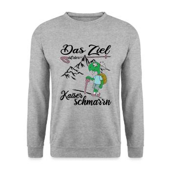 Bergwandern "Kaiserschmarrn" servus alpin Almhütte - Unisex Pullover - Weißgrau meliert - Vorne - Alina (178cm) & Michal (187cm)