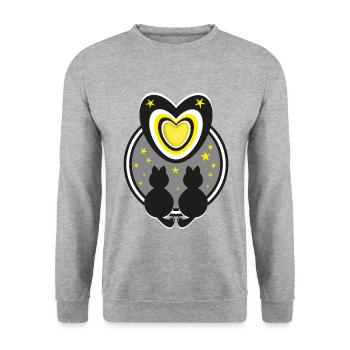 Katzen bei Nacht mit Herz und Sternen. - Unisex Pullover - Weißgrau meliert - Vorne - Alina (178cm) & Michal (187cm)