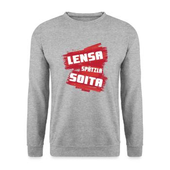 Linsen, Spätzle und Saiten - Unisex Pullover - Weißgrau meliert - Vorne - Alina (178cm) & Michal (187cm)
