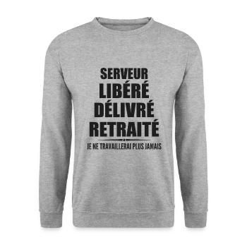 Serveur célèbre sa retraite avec humour cadeau - Sweat-shirt Unisexe - gris chiné - Devant - Alina (178cm) & Michal (187cm)
