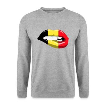 Belgien Flagge Lippen Mund Kussmund Lächeln - Unisex Pullover - Weißgrau meliert - Vorne - Alina (178cm) & Michal (187cm)
