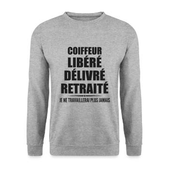 Coiffeur célèbre sa retraite avec humour cadeau - Sweat-shirt Unisexe - gris chiné - Devant - Alina (178cm) & Michal (187cm)