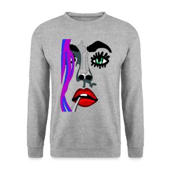Auge auf mit roten Lippen - fhscribble Gesicht - Unisex Pullover - Weißgrau meliert - Vorne - Alina (178cm) & Michal (187cm)