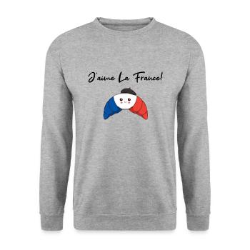 J'aime La France Croissant Geschenkidee Frenkreich - Unisex Pullover - Weißgrau meliert - Vorne - Alina (178cm) & Michal (187cm)